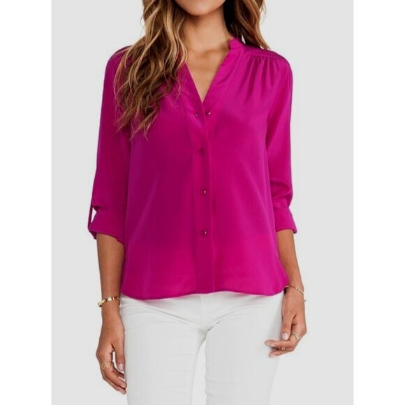 New Diane Von Furstenberg Harlow 100% Silk Magenta Pink V-Neck Tunic Blouse - Picture 1 of 12